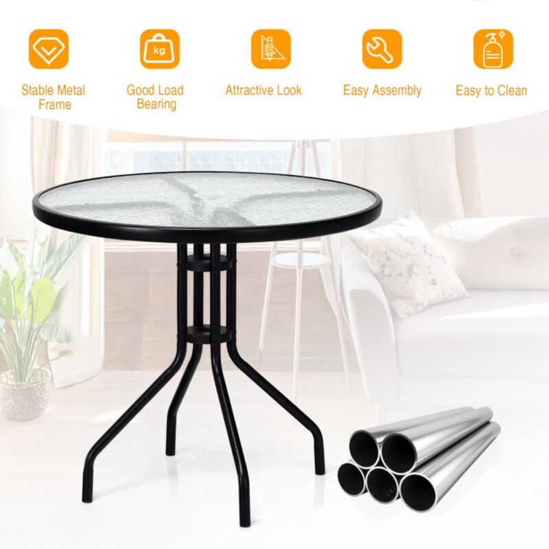 Hivvago 32 Inch Outdoor Patio Round Tempered Glass Top Table with Umbrella Hole