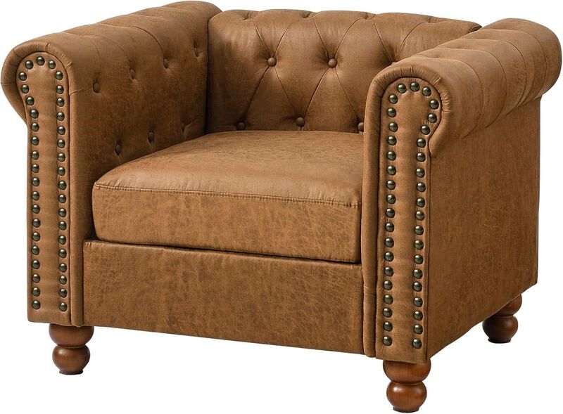 ShipItFurniture Two-Piece Air Leather Chesterfield Sofa and Club Chair Set, Brown image number 8