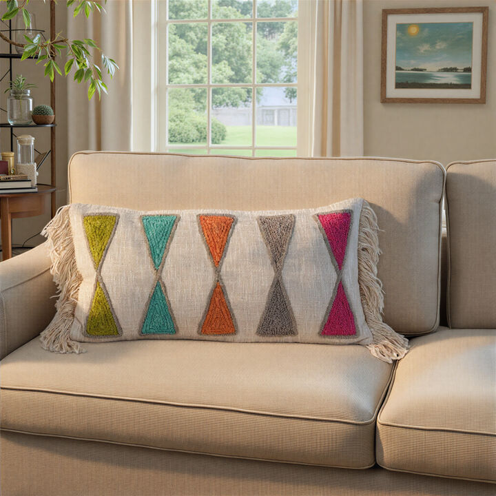 Embroidered Cotton Lumbar Pillow with Fringe, Bright Multicolors