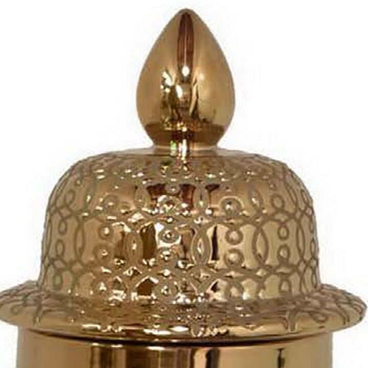 Deni 25 Inch Temple Jar, Large Classic Curved Design, Lid Gold Ceramic - Benzara