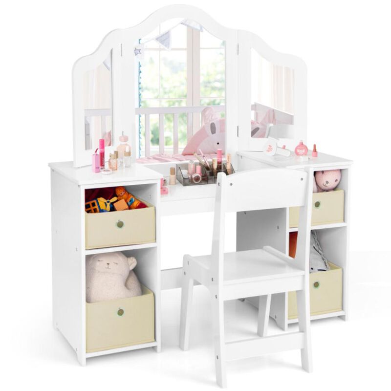 Hivvago Kids Vanity Table and Chair Set with Removable Mirrors and 4 Storage Bins