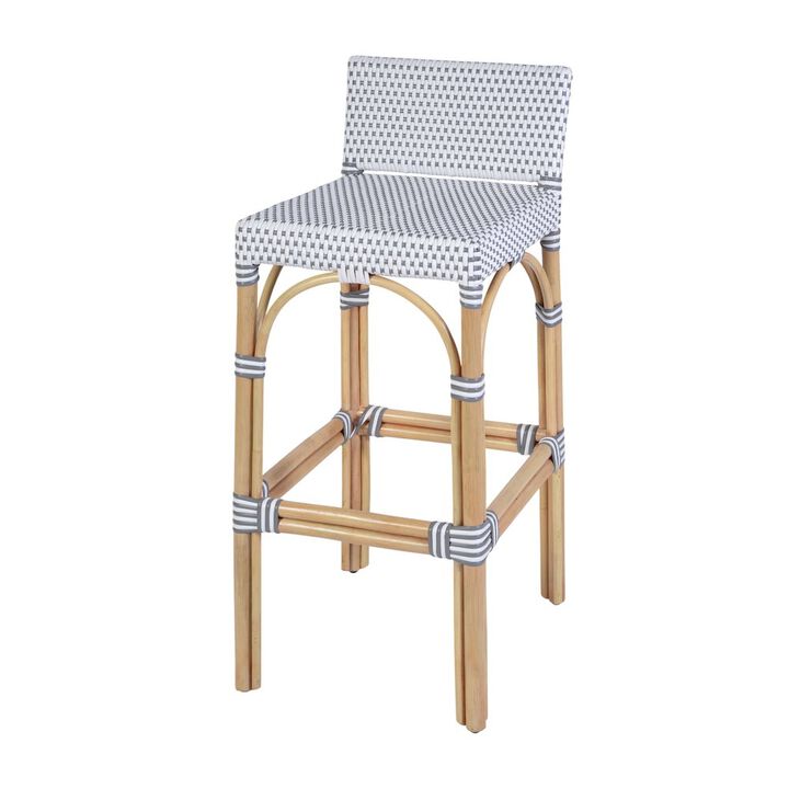 Butler Specialty Serienna 30 in. Seat Height Rectangular Rattan Low Back Bar Stool White and Gray