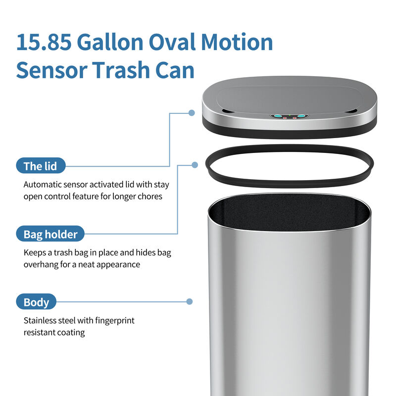 16 Gal./60 Liter Stainless Steel Touchless Motion Sensor Trash Can, Oval Kitchen Garbage Can, Silver image number 6