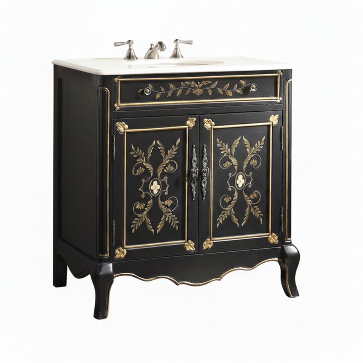 32 Inch Black Hand-Painted Floral Motif Decoroso Bathroom Vanity