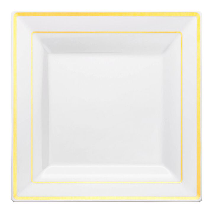 9.5" White with Gold Square Edge Rim Plastic Dinner Plates (120 Plates)