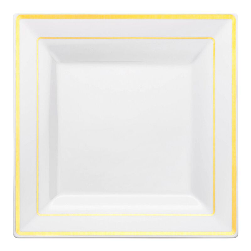 9.5" White with Gold Square Edge Rim Plastic Dinner Plates (120 Plates) image number 0
