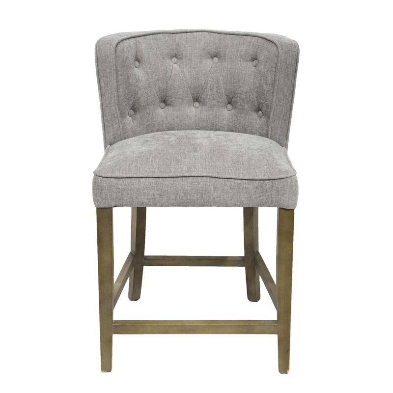 Cly Counter Stool Chair, Soft Light Gray Fabric, Graywash Solid Wood