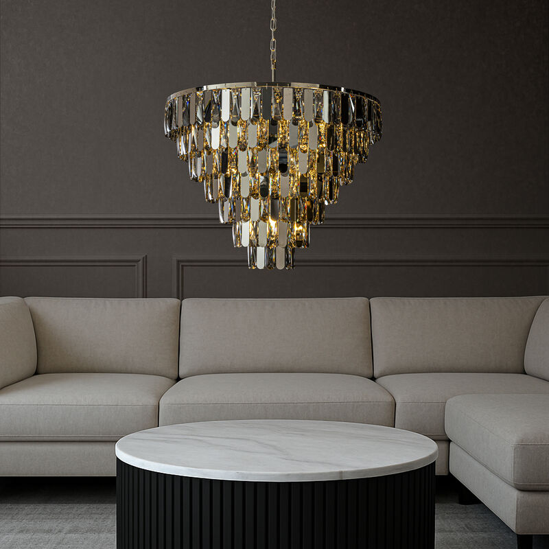 Smoked Crystal Chandelier Modern Pendant Light Fixture with Polished Nickel Finish and Stainless Steel Accents for Dining Room image number 2