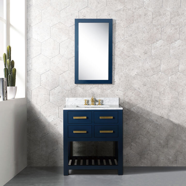 Madalyn 30 In. Single Sink Carrara White Marble Countertop Bath Vanity in Monarch Blue