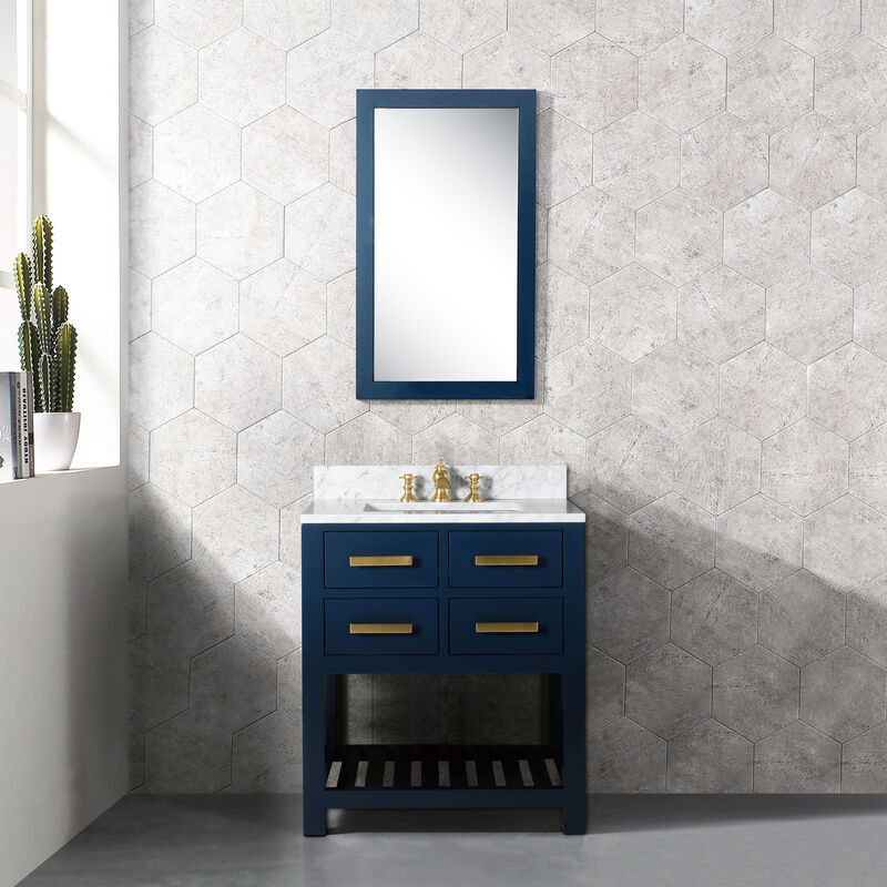 Madalyn 30 In. Single Sink Carrara White Marble Countertop Bath Vanity in Monarch Blue