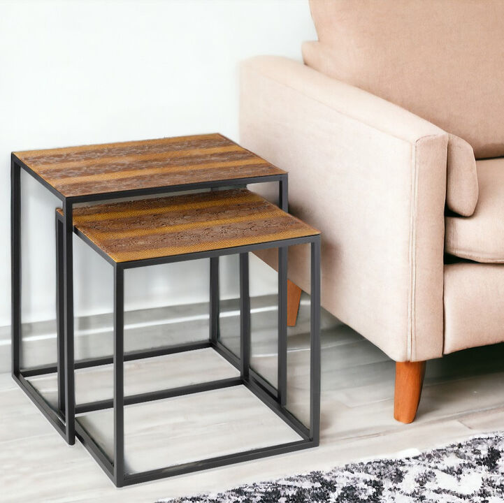 Hivvago Set of Two Brown and Black Metal And Faux Snake Leather Nesting End Tables