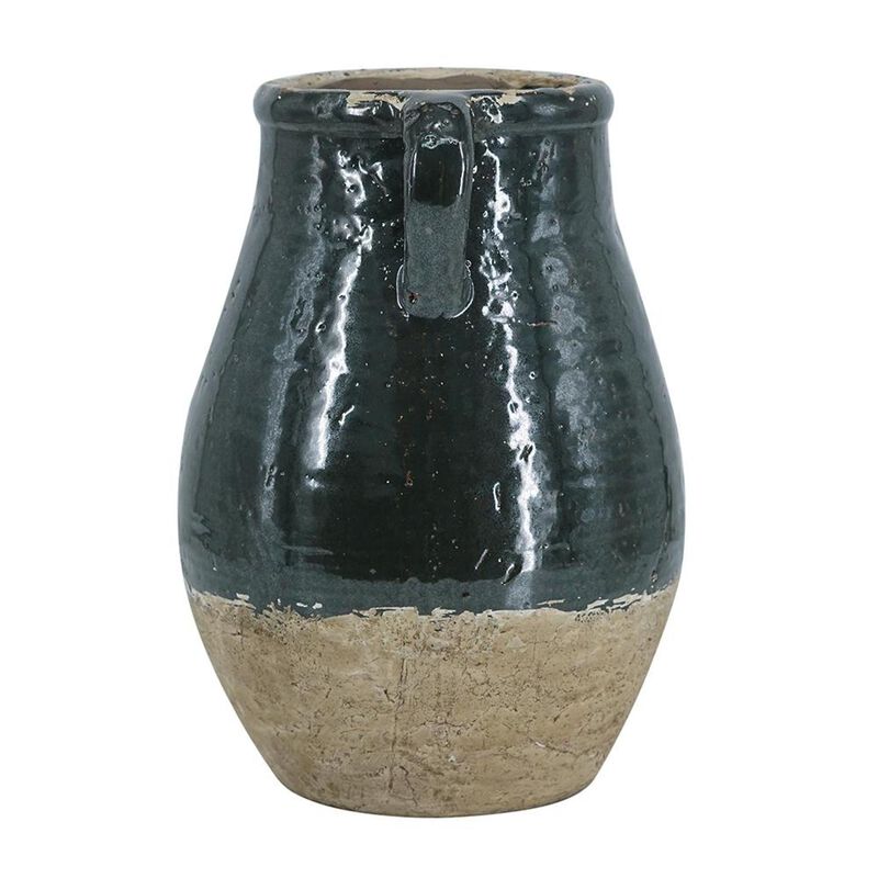 HomeRoots 13" Forest Green And Sand Color Block Terracotta Round Jug Vase image number 2