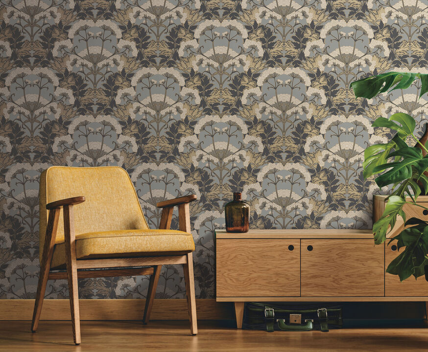 Yarrow Nouveau Charcoal & Gold Wallpaper