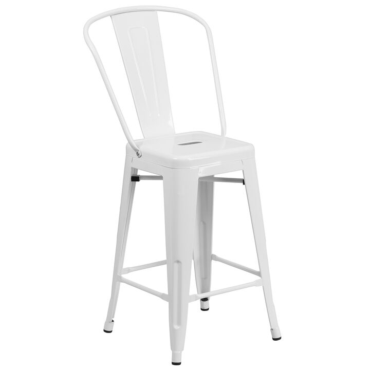 Flash Furniture Commercial Grade 24" High White Metal Indoor-Outdoor Counter Height Stool with Removable Back