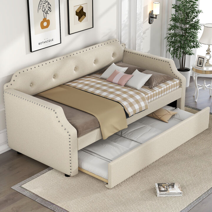Whisen Twin Size Upholstered Daybed, Sofa Bed with Trundle and Padded Back