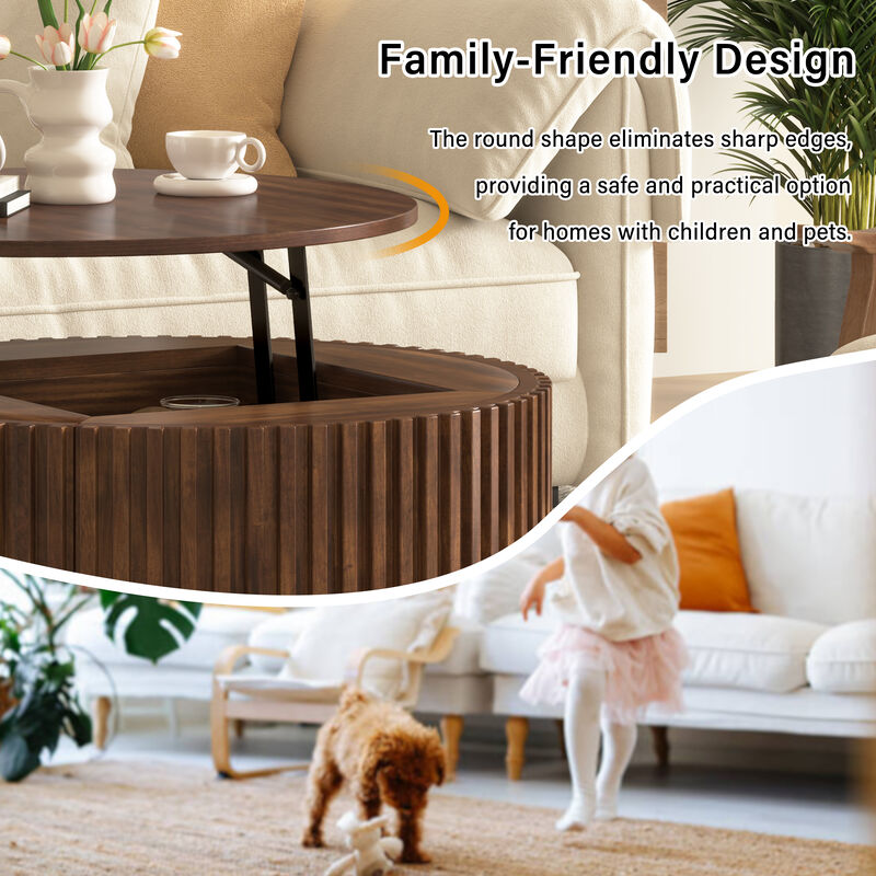 Merax Height-Adjustable Round Coffee Table with Smooth Lift Mechanism, Concealed Storage image number 6