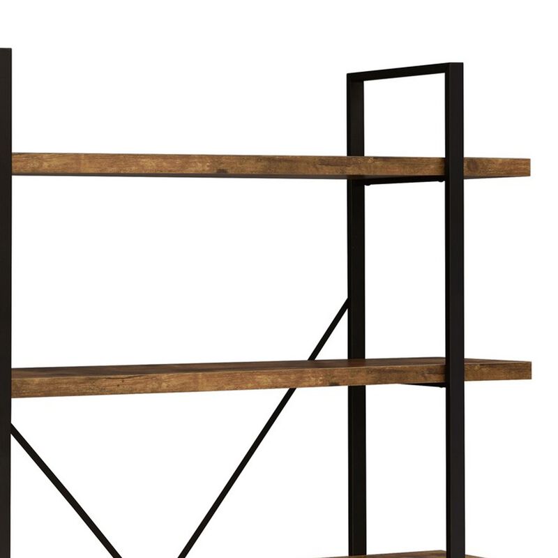 Ana 70 Inch Wood Bookcase, 5 Shelves, Crossed Metal Design, Rustic Brown-Benzara image number 2