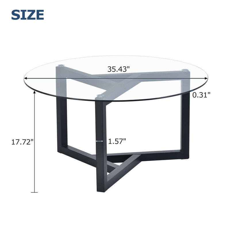 Round Glass Coffee Table Modern Cocktail Table Easy Assembly with Tempered Glass Top & Sturdy Wood Base