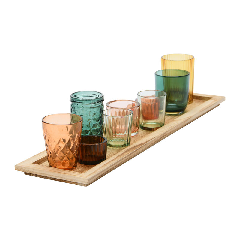 Round Glass Votive Holders on Wood Tray, Multicolor, Set of 9 image number 3
