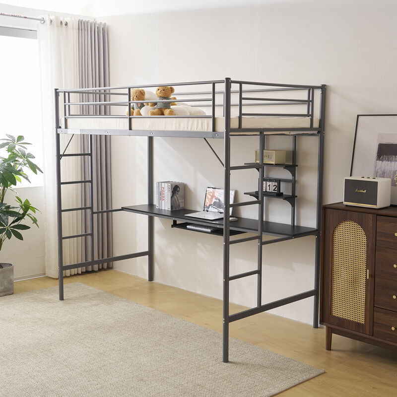 Metal Loft Bed with Desk, Storage Shelves, Dual Ladders & Full-Length Guardrails, No Box Spring Needed