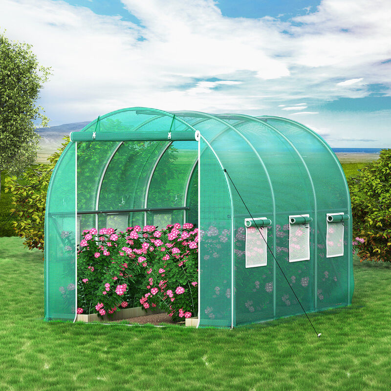 Portable Walk-In Tunnel Greenhouse with Steel Frame, Zippered Door & 6 Windows
