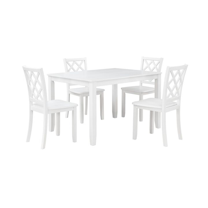Ava 5pc Dining Table Set, 4 Lattice Back Chairs, White Rubberwood Frame - Benzara