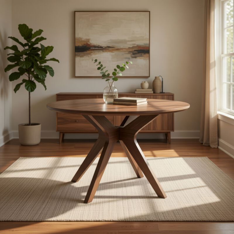 Jeyn Round Dining Table, Modern Curved Base, 45 Inch Brown Mango Wood image number 1