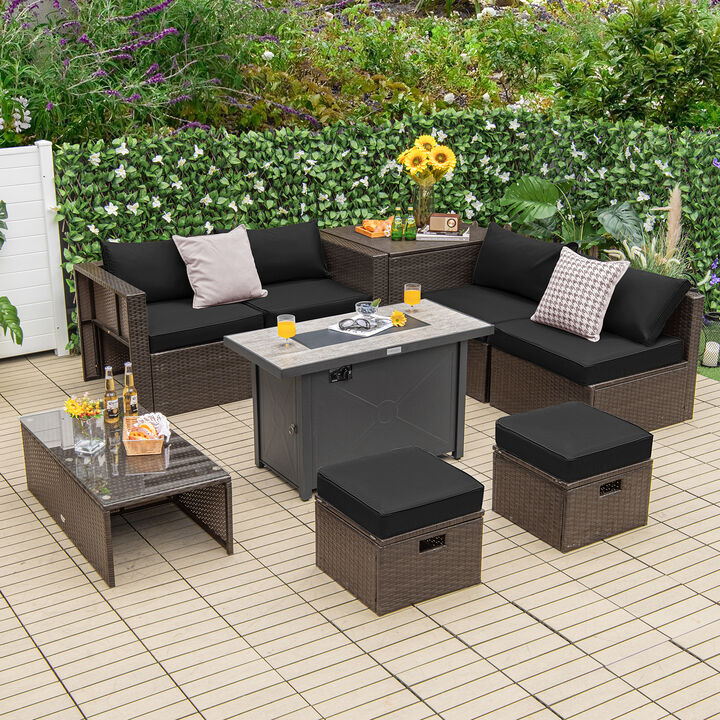 9-Piece Outdoor Patio Furniture Set with Cushions & Propane Fire Pit Table for Garden or Backyard