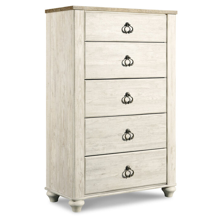 Isla Tall Dresser Chest, 5 Drawer, Brown Wood Finish, Rustic Whitewash - Benzara