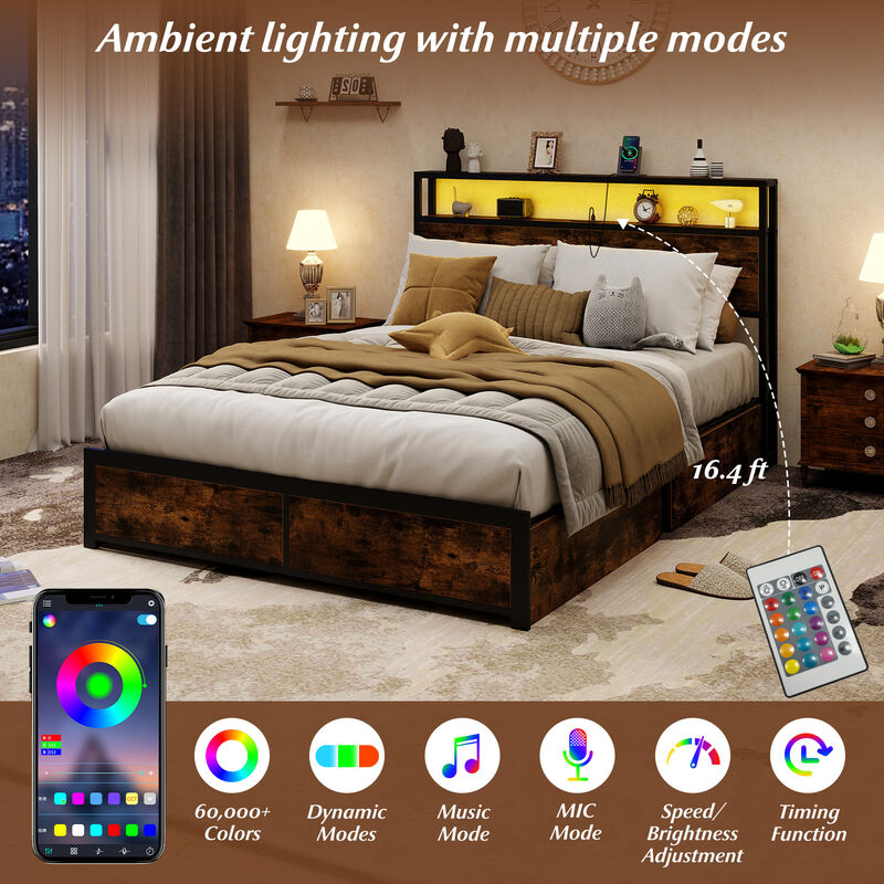 Bed Frame with LED Lights, Charging Station and 4 Drawers image number 5
