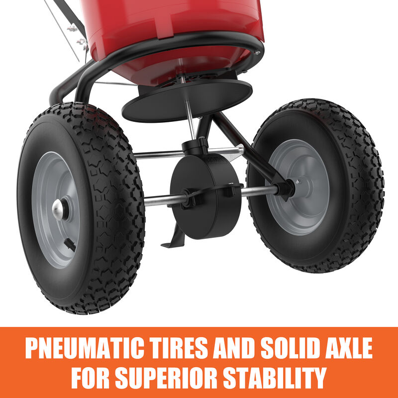 FUFU&GAGA 50lb Walk-Behind Spreader &ndash; Durable Red Frame, Adjustable Feed Control, Rubber Pneumatic Tires, (21.6" L x 12.4" W x 32.7" H), Red image number 5