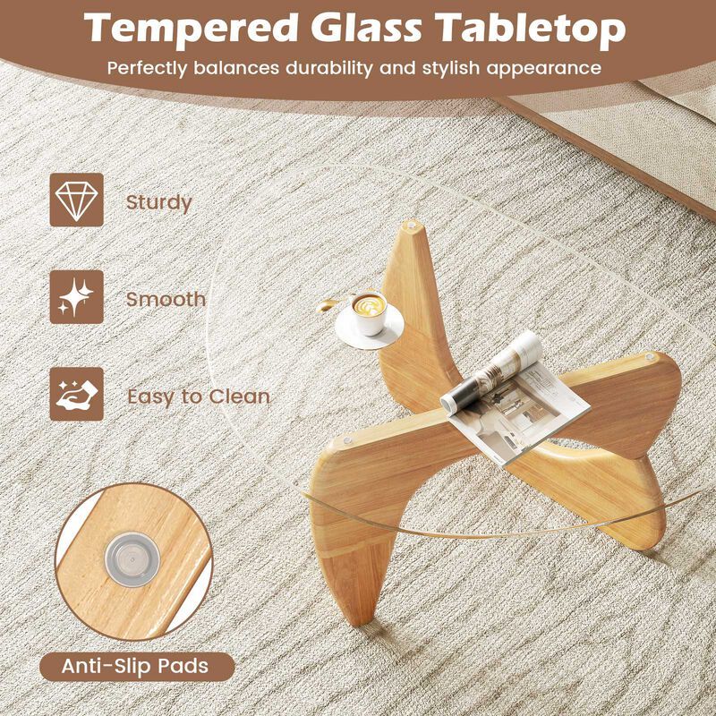 Triangle Coffee Table with Tempered Glass Top and Adjustable Rubber Wood Base