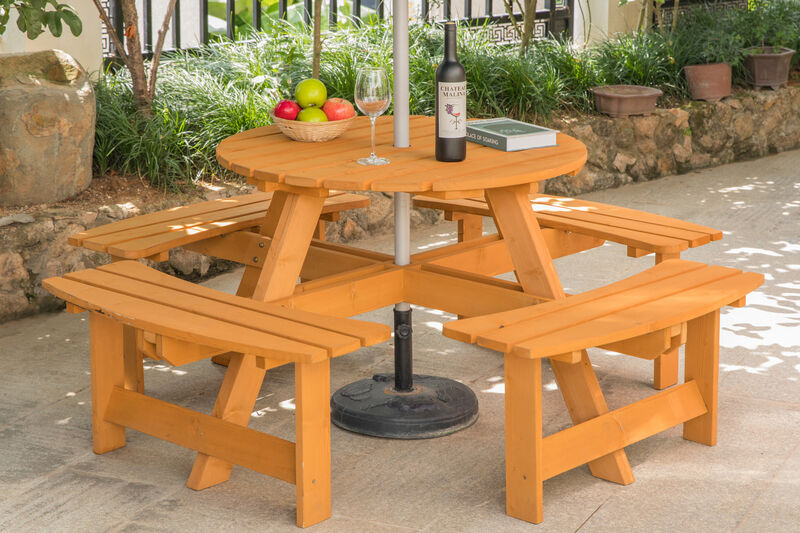 Wooden Outdoor Patio Garden Round Picnic Table with Bench, 8 Person - Stained