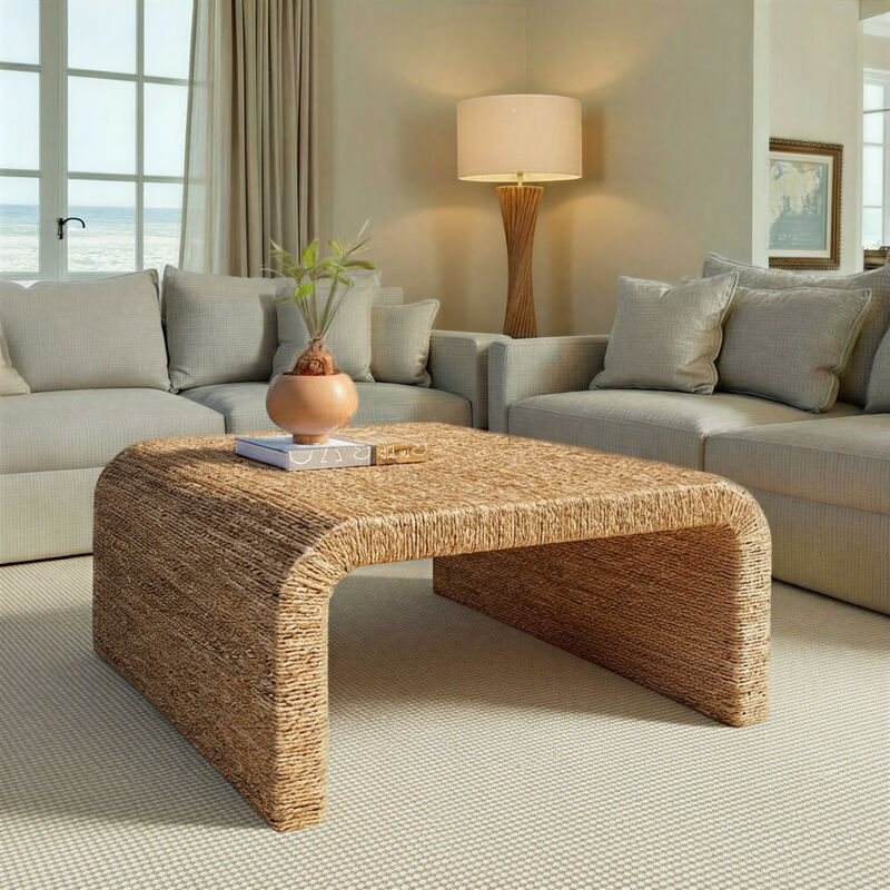 Woven Water Hyacinth & Acacia Wood Coffee Table with Waterfall Edge, Small image number 5