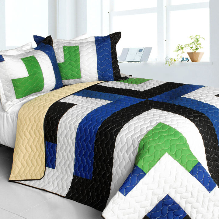 3PC Patchwork Quilt Bedding Set with Vermicelli Stitching Design