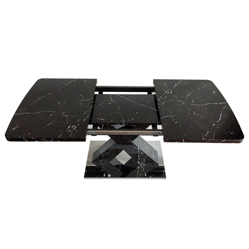 Modern Square Dining Table,Stretchable,Printed Black Marble Table Top+MDF X-Shape Table Leg with Metal Base