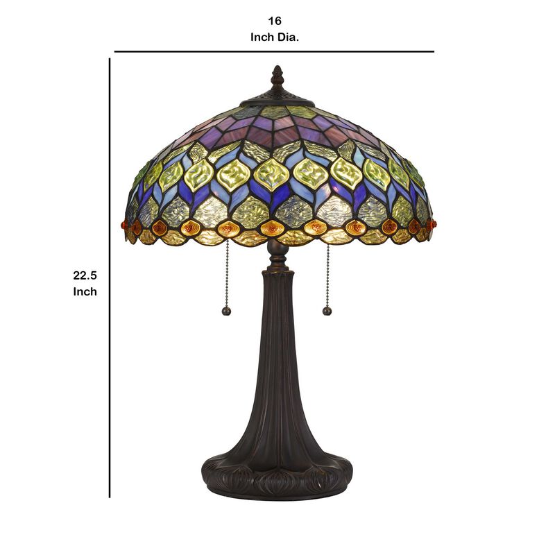 120 Watt Tiffany Table Lamp with Engraved Base, Multicolor - Benzara
