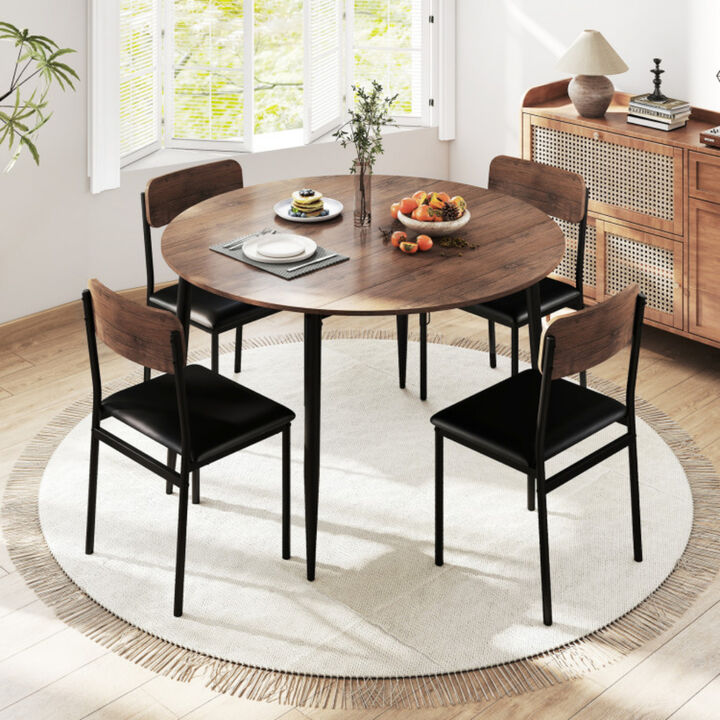 Round Kitchen Dining Table Set 5 Piece with Drop Leaf Table and 4 Upholstered Chairs Brown