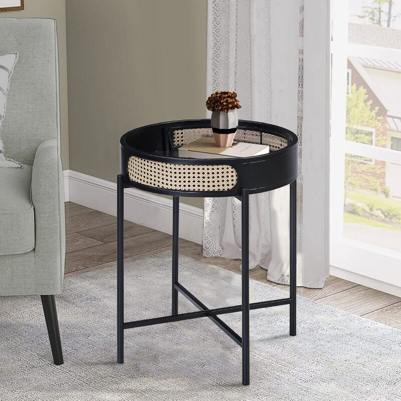 Bert 24 Inch Round End Table, Rattan Apron Accent, Metal Legs, Black
