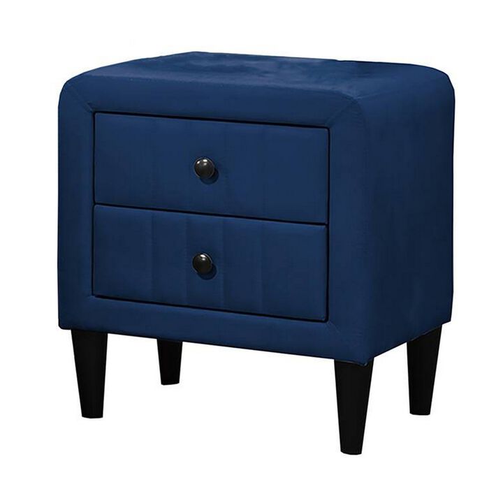 Rheo Nightstand, 2 Drawers, 22 Inch Upholstered in Navy Blue Velvet - Benzara