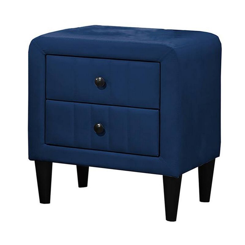 Rheo Nightstand, 2 Drawers, 22 Inch Upholstered in Navy Blue Velvet - Benzara