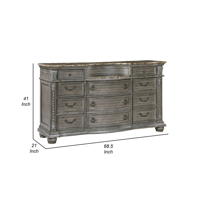 Toga 69 Inch Dresser with 11 Drawers, Gray Acacia Wood, Carved Details - Benzara
