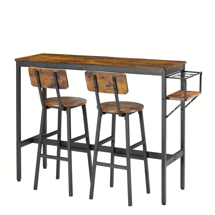 Bar Table Set with wine bottle storage rack. Rustic Brown, 47.24" L x 15.75" W x 35.43" H.
