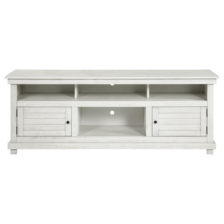 Ayne TV Stand Media Cabinet, 2 Doors and 4 Shelves, White Wood 70 Inch - Benzara