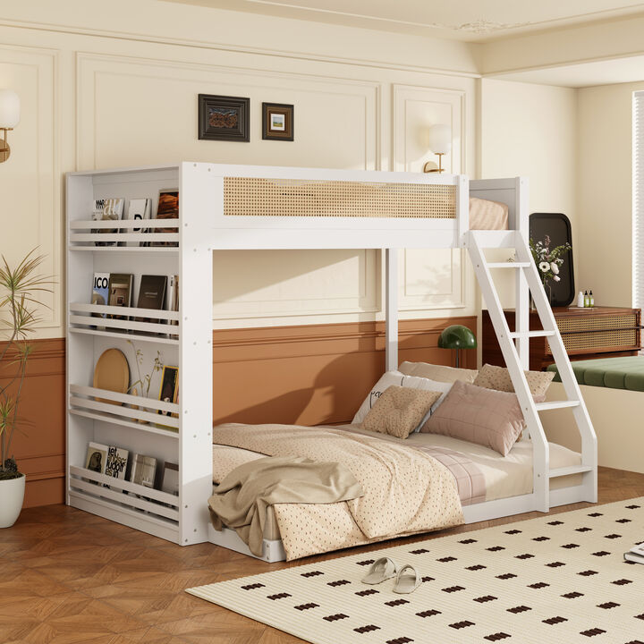 Merax Twin over Full Bunk Bed with Rattan Guardrail, LED Light & 4-Tier Side Bookshelf