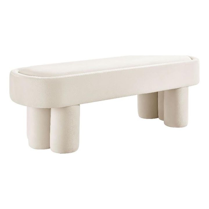 Modway Mossi 52-Inch Modern Oval Performance Velvet Bench in Alabster &ndash; Upholstered Accent Bench with Cylindrical Clover-Leg Base for Bedroom, Entryway, or Living Room