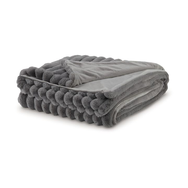 Visha Throw Blanket, Jacquard Faux Fur Stripes, Modern Gray Polyester - Benzara