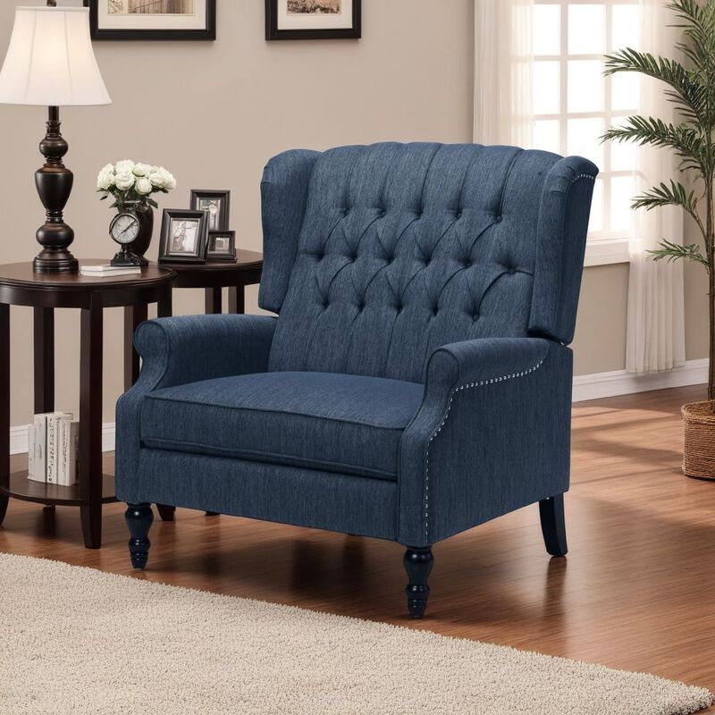 Jade Oversize Wide Chair Manual Recliner, Navy Blue Button Tufted - Benzara