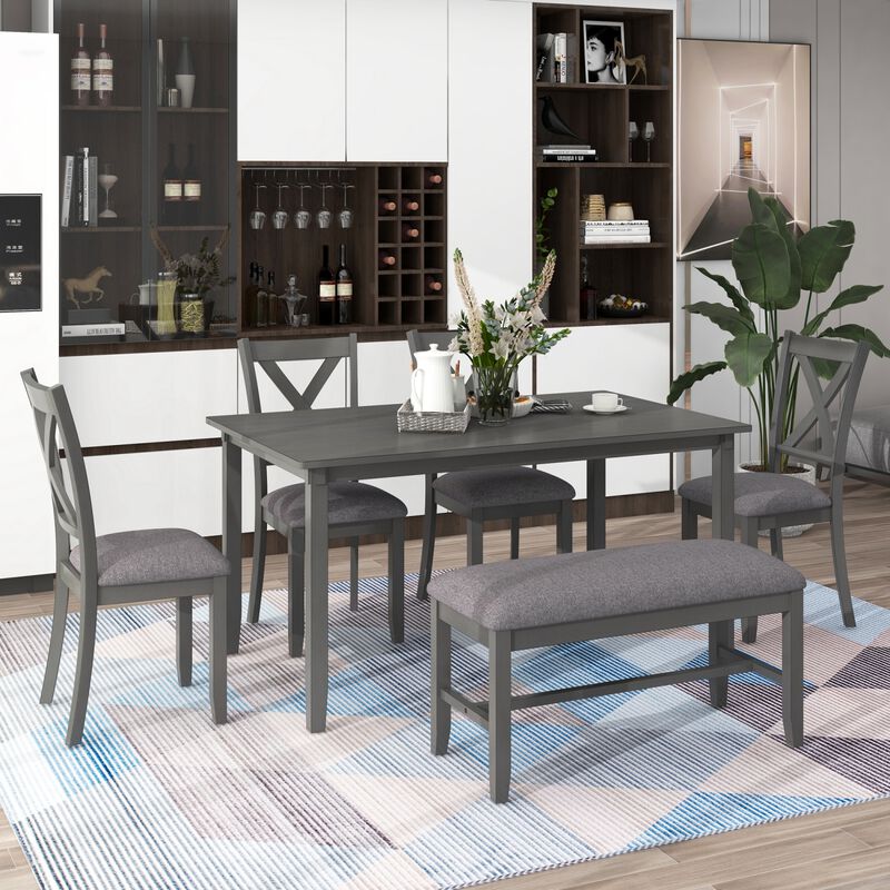 6-Piece Kitchen Dining Table Set Wooden Rectangular Dining Table, 4 Fabric Chairs and Bench Family Furniture