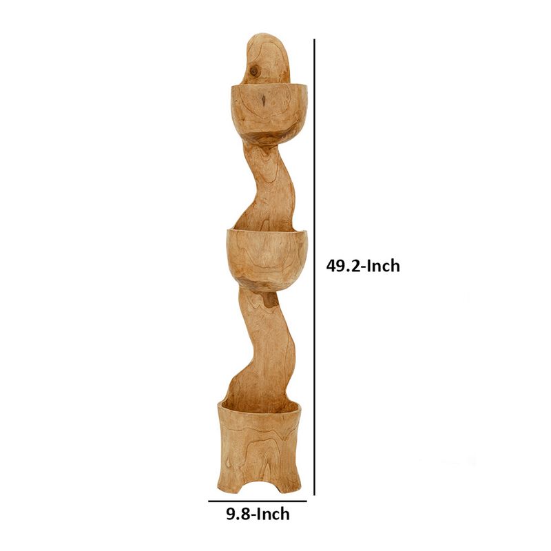 Jion 49 Inch Display Rack, 3 Tiers, Unique Accent Design, Teak Wood, Brown - Benzara image number 4